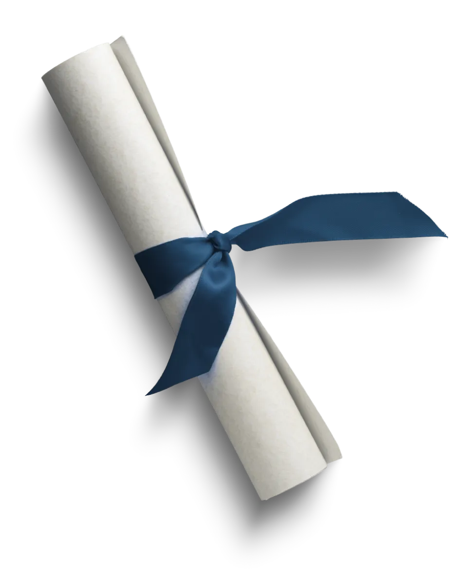 University diploma wrapped in blue ribbon