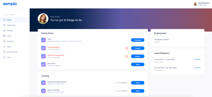 The Worker Dashboard homepage after logging in.