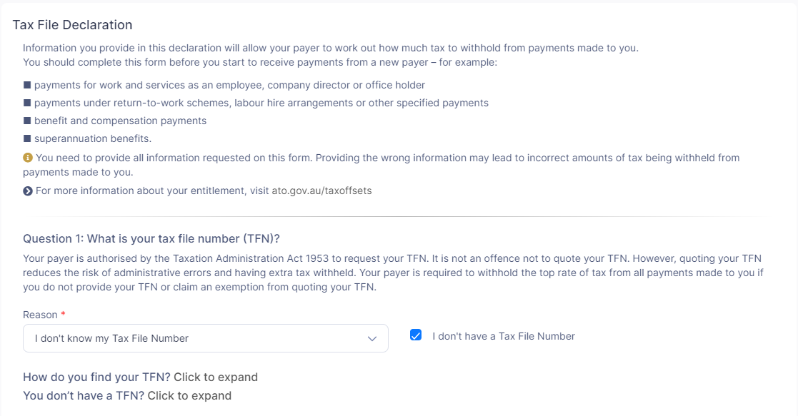 Tax File Declaration section of My Profile.