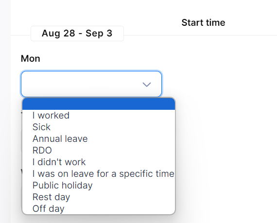 Use the drop-down boxes to select the appropriate option for each day.
