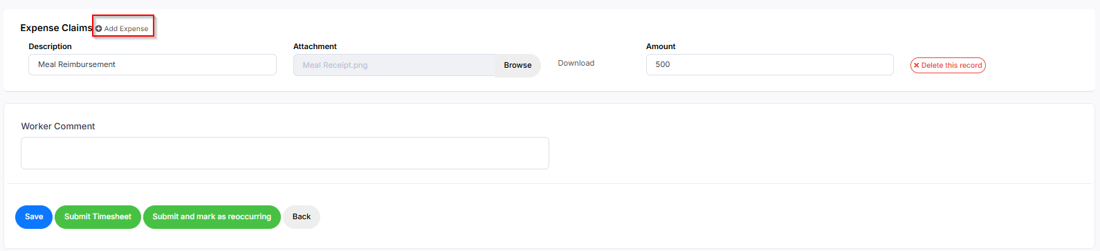 Attach an expense claim to your timesheet using Add Expense.