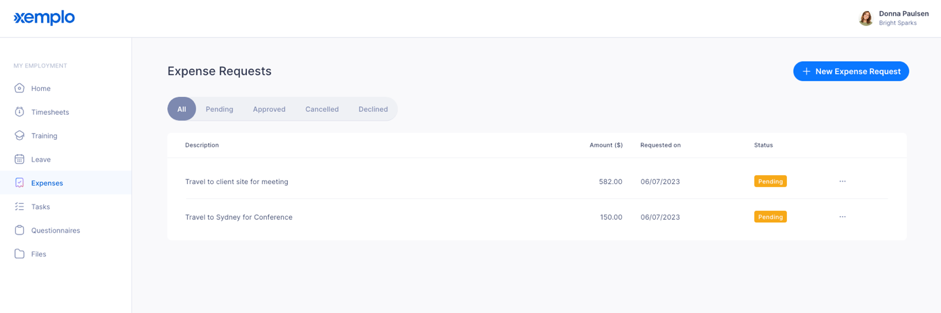 The Expense Requests page listing all expense records.