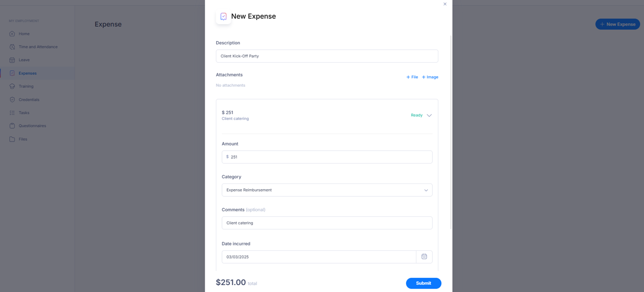 Submitting a completed expense request for manager review.