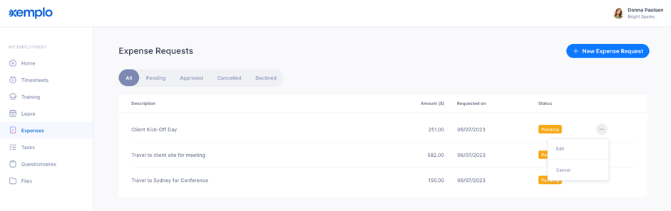 Accessing Edit and Cancel options from an expense request’s menu.