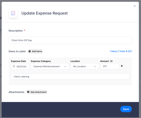 The Update Expense Request window.