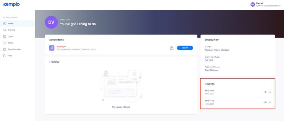 Viewing or downloading a payslip from the Home dashboard.